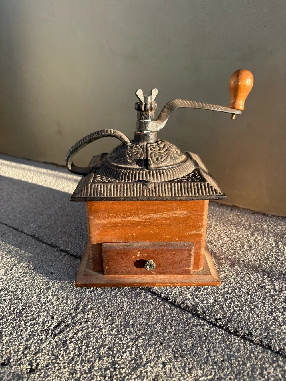 Vintage Wooden hand crank coffee grinder cast iron Rustic farmhouse decor